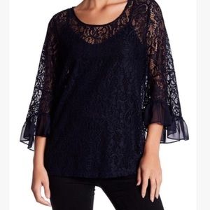 Anthropologie Pleione Black Lace Bell Sleeve Top Size Small